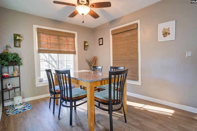 dining area featuring hardwood / wood-style flooring and ceiling fan