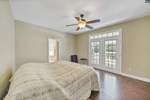 bedroom with dark wood-type flooring, access to outside, french doors, and ceiling fan