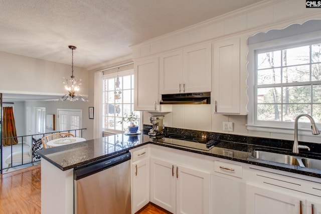 kitchen featuring sink, dark stone countertops, a healthy amount of sunlight, white cabinets, and stainless steel dishwasher