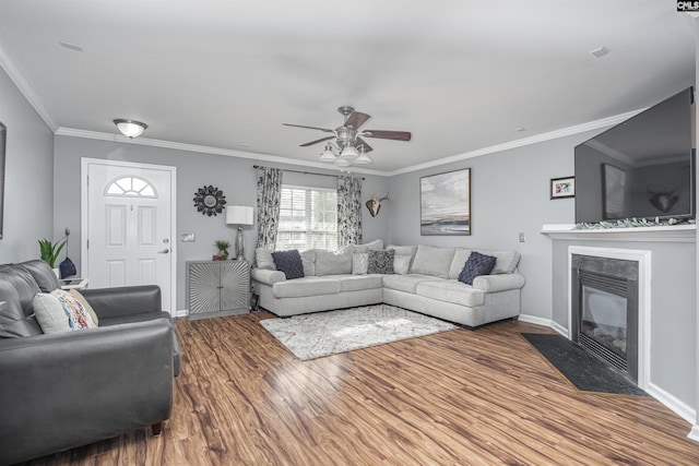 living room with hardwood / wood-style flooring, ceiling fan, and crown molding