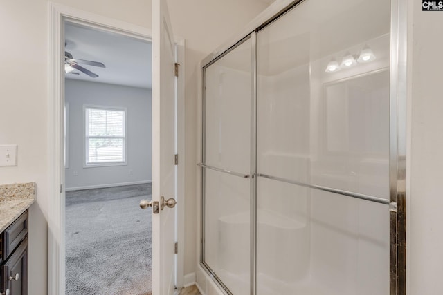 bathroom featuring vanity and a shower with shower door