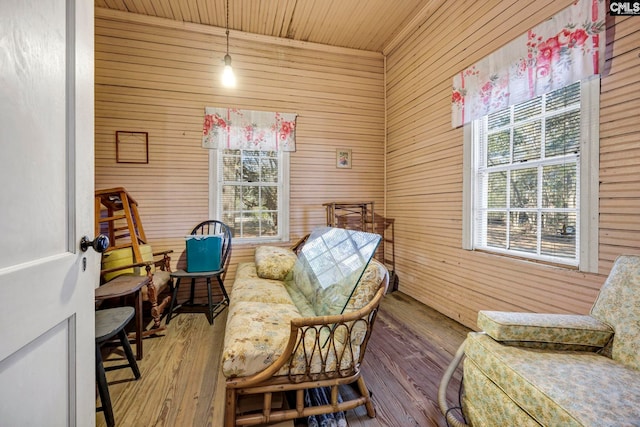 living area with hardwood / wood-style floors