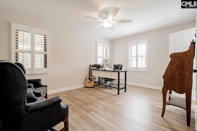 office space with baseboards, light wood finished floors, and ceiling fan