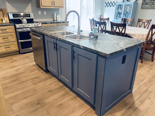 kitchen with sink, a center island with sink, stainless steel appliances, and blue cabinetry