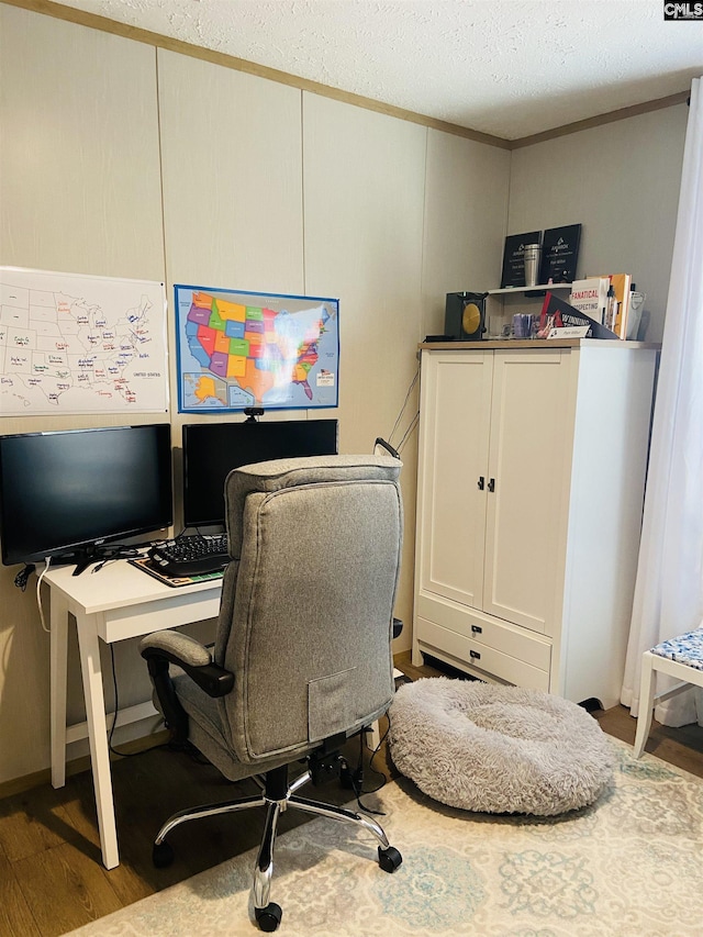 office featuring crown molding, light hardwood / wood-style floors, and a textured ceiling