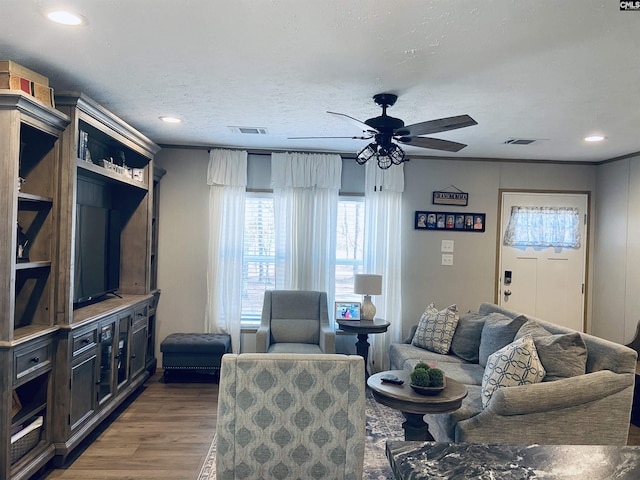 living room with ceiling fan, a textured ceiling, and dark hardwood / wood-style flooring