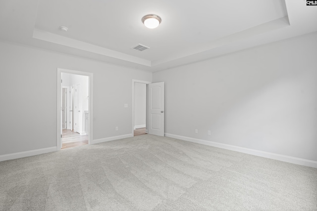 interior space with light carpet and a tray ceiling