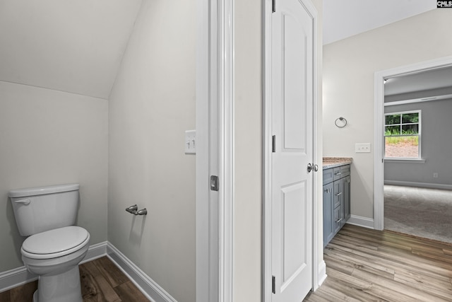 bathroom featuring vanity, lofted ceiling, hardwood / wood-style floors, and toilet