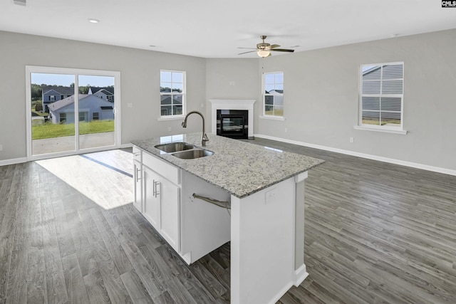 kitchen featuring sink, dark hardwood / wood-style flooring, an island with sink, light stone countertops, and white cabinets