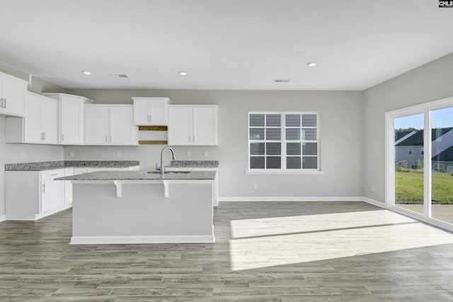 kitchen featuring sink, white cabinetry, light stone countertops, light hardwood / wood-style floors, and a center island with sink