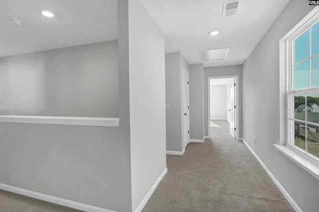 corridor with light colored carpet