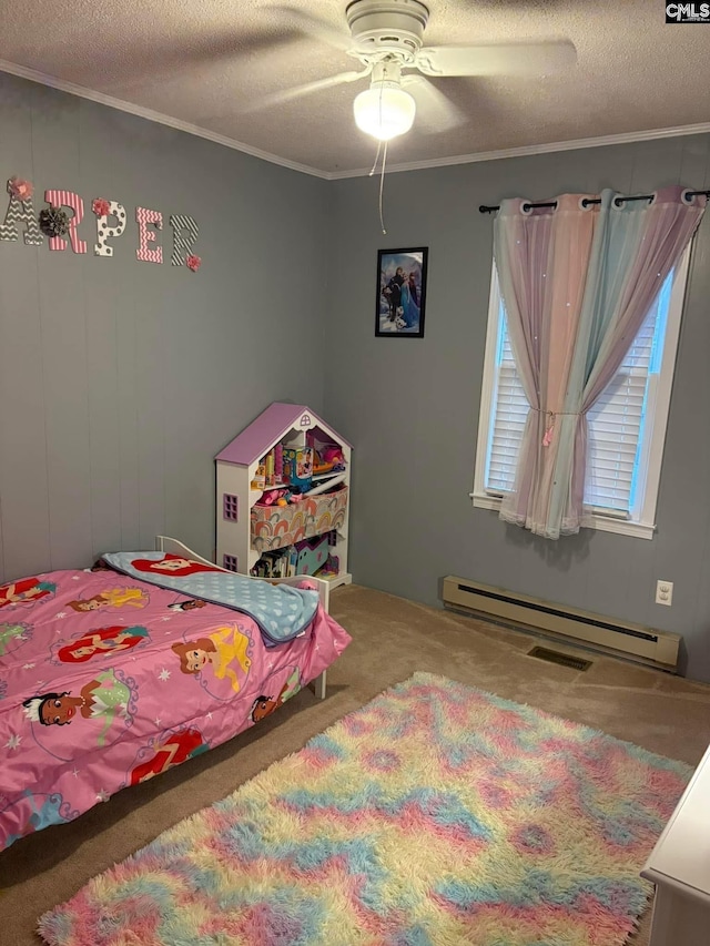 bedroom with crown molding, a textured ceiling, a baseboard radiator, carpet floors, and ceiling fan