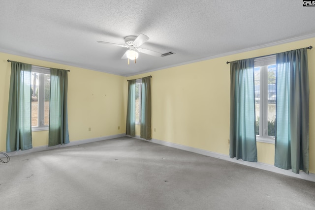 carpeted spare room with ceiling fan, a healthy amount of sunlight, and a textured ceiling