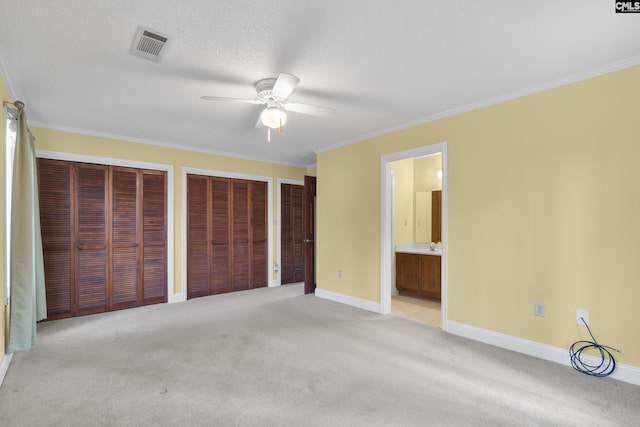 unfurnished bedroom featuring multiple closets, light colored carpet, ornamental molding, and a textured ceiling