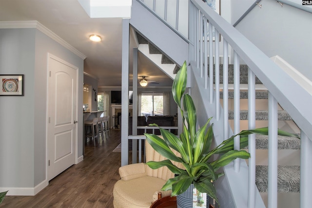 stairway with hardwood / wood-style flooring, ceiling fan, and ornamental molding