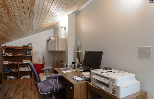 office area featuring dark hardwood / wood-style flooring, wood ceiling, vaulted ceiling, and ornamental molding