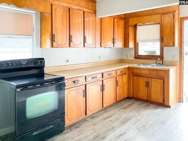 kitchen featuring black electric range, sink, and light hardwood / wood-style flooring