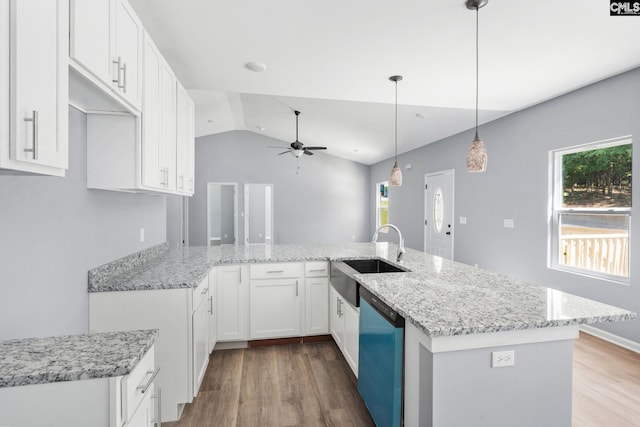 kitchen featuring white cabinetry, ceiling fan, a healthy amount of sunlight, and dishwasher