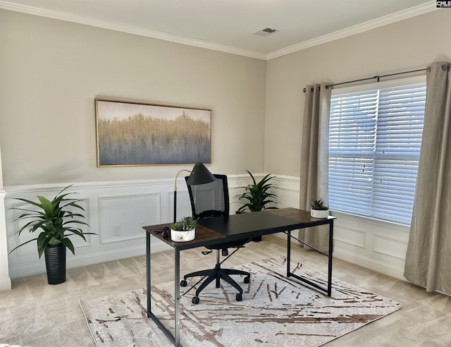 carpeted office featuring ornamental molding