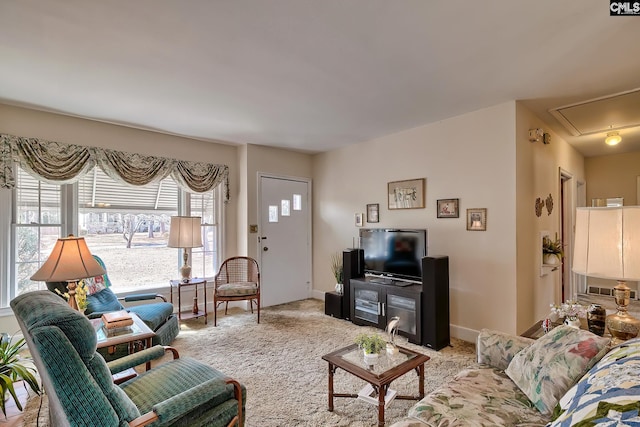 living room featuring light carpet