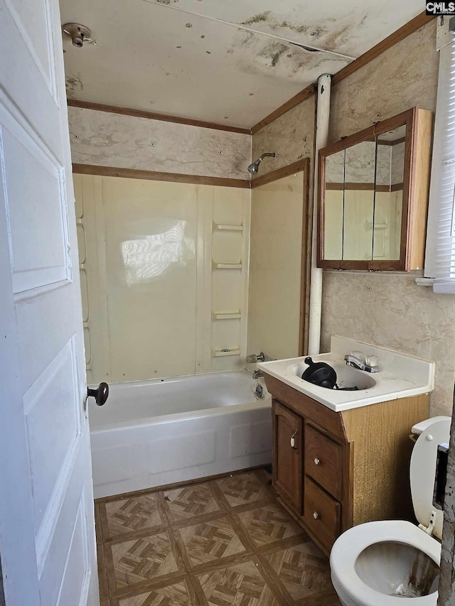 full bathroom featuring shower / tub combination, parquet flooring, vanity, and toilet