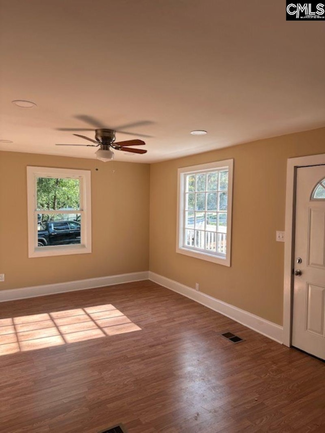 entrance foyer with ceiling fan, plenty of natural light, and hardwood / wood-style floors