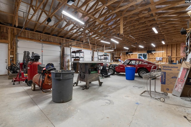 garage with a workshop area