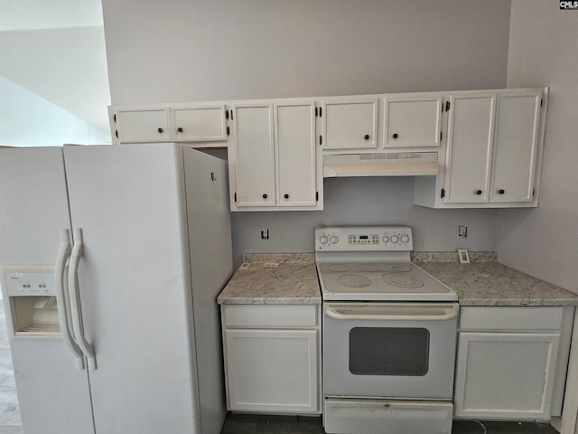 kitchen with white cabinetry and white appliances