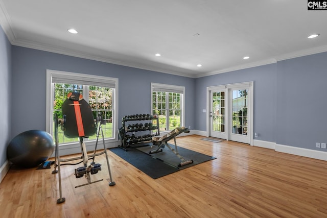 workout area featuring hardwood / wood-style flooring and ornamental molding