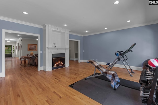 exercise room with ornamental molding, a large fireplace, and light hardwood / wood-style floors