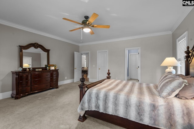 bedroom featuring crown molding, light colored carpet, and ceiling fan