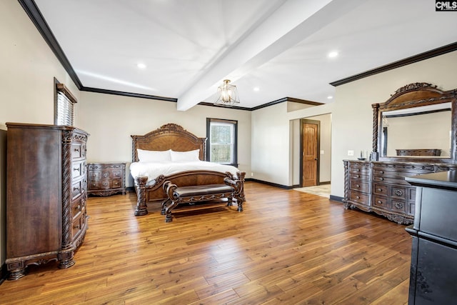 bedroom featuring beamed ceiling, ornamental molding, and light hardwood / wood-style floors