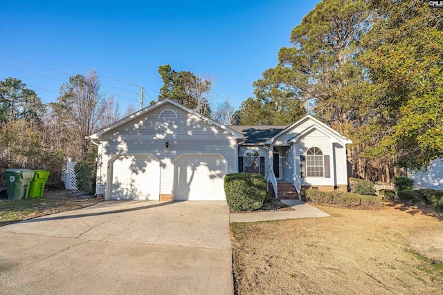 single story home featuring a garage and a front lawn