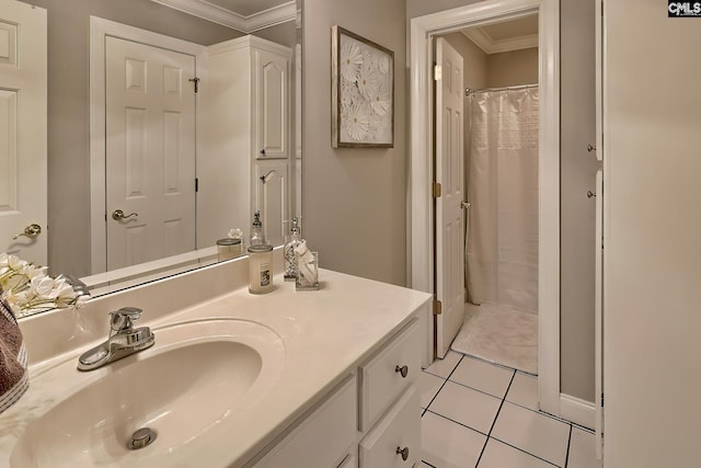 bathroom with a shower with shower curtain, ornamental molding, tile patterned flooring, and vanity