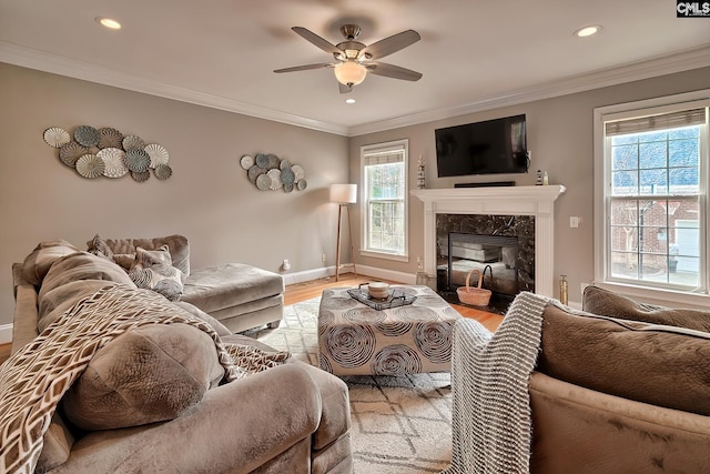 living room featuring a fireplace, light hardwood / wood-style flooring, and ornamental molding