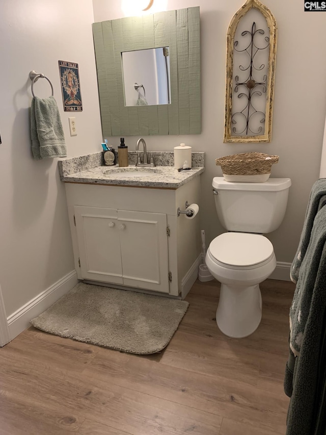 bathroom with vanity, wood-type flooring, and toilet