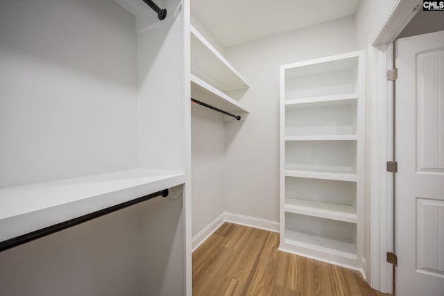 walk in closet with a barn door and light hardwood / wood-style flooring