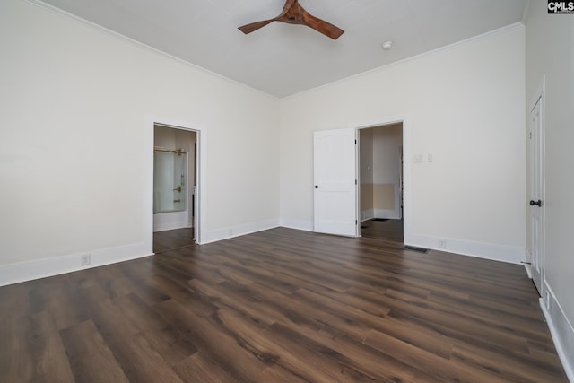 unfurnished room featuring dark hardwood / wood-style flooring, crown molding, and ceiling fan