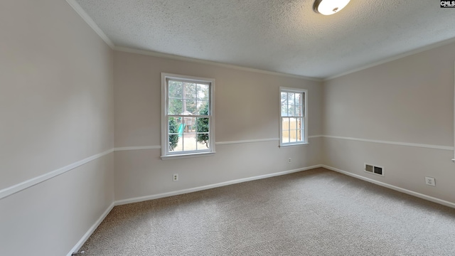 spare room featuring carpet floors, ornamental molding, and a textured ceiling