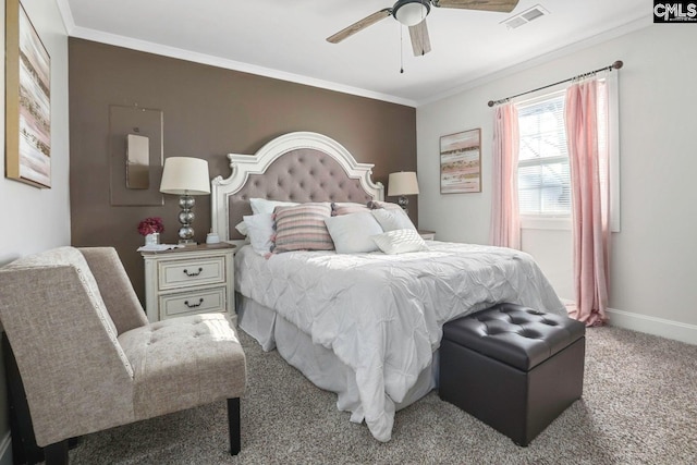 bedroom featuring crown molding, ceiling fan, and carpet flooring