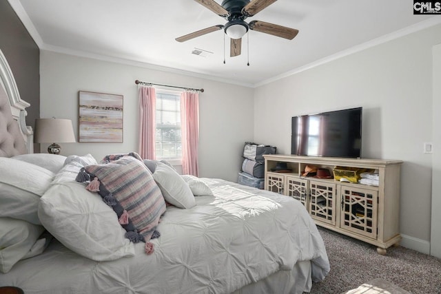 carpeted bedroom featuring crown molding and ceiling fan