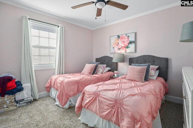 bedroom featuring ornamental molding, light carpet, and ceiling fan