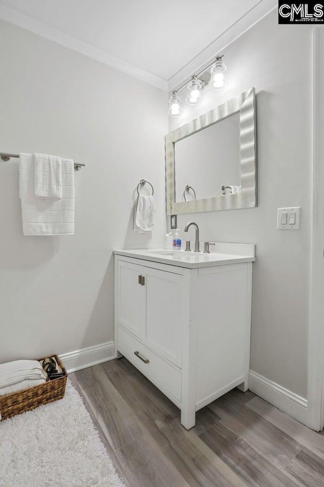 bathroom featuring vanity, ornamental molding, and hardwood / wood-style floors