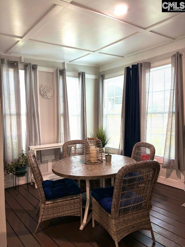 dining area featuring coffered ceiling and dark hardwood / wood-style floors