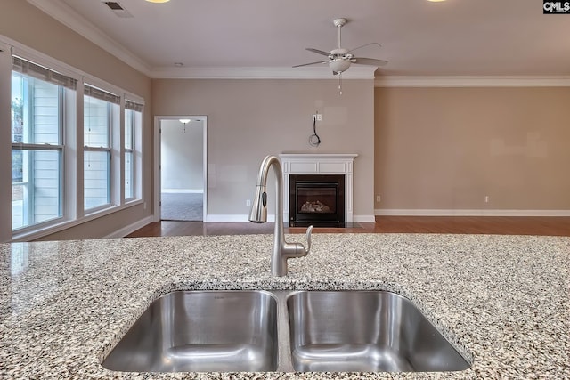 kitchen featuring crown molding, ceiling fan, light stone countertops, and sink