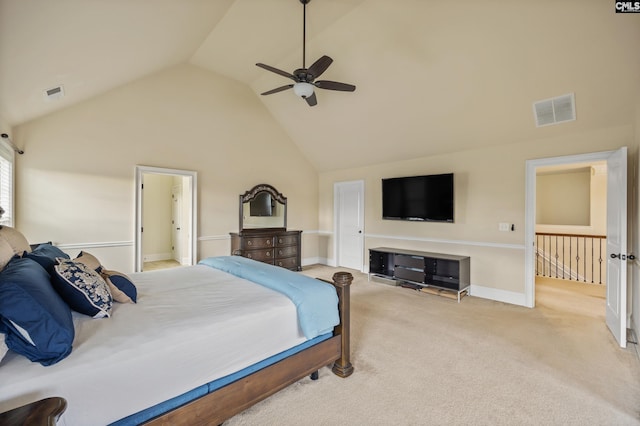 carpeted bedroom featuring high vaulted ceiling and ceiling fan