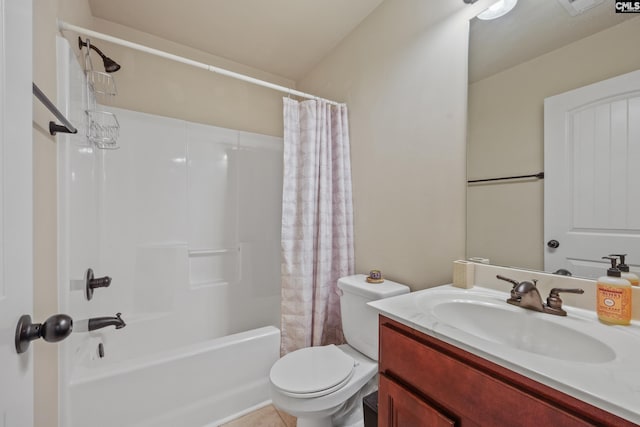 full bathroom with shower / bath combination with curtain, vanity, and toilet