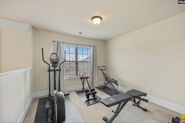 workout area featuring light carpet