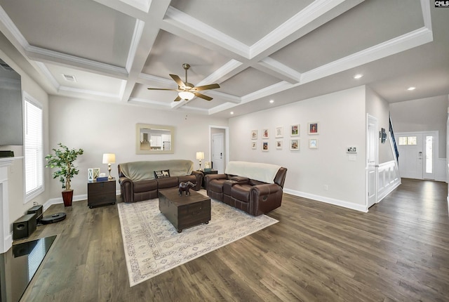 living room featuring crown molding, ceiling fan, beam ceiling, coffered ceiling, and dark hardwood / wood-style flooring