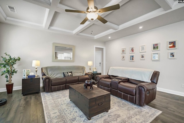 living room featuring beamed ceiling, wood-type flooring, and coffered ceiling